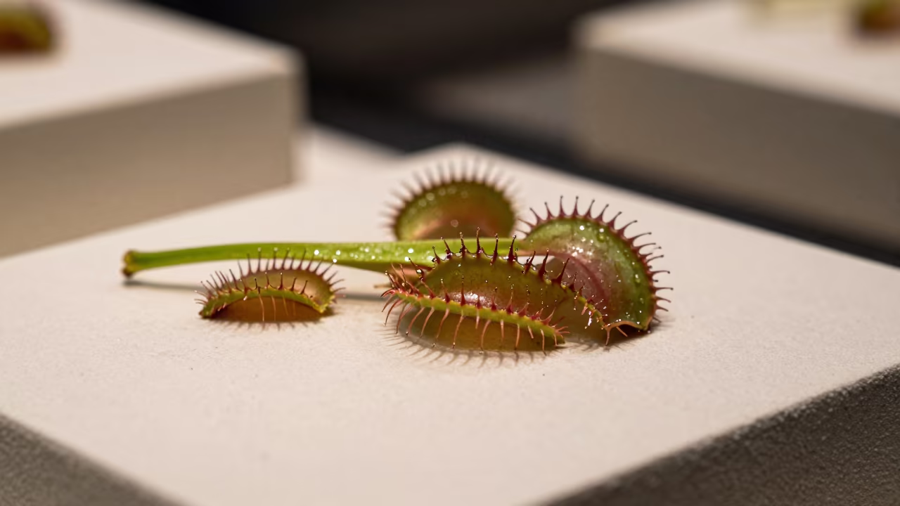 Sundew Leaf Tentacles Under String Lights in on a museum plinth in Ulhasnagar