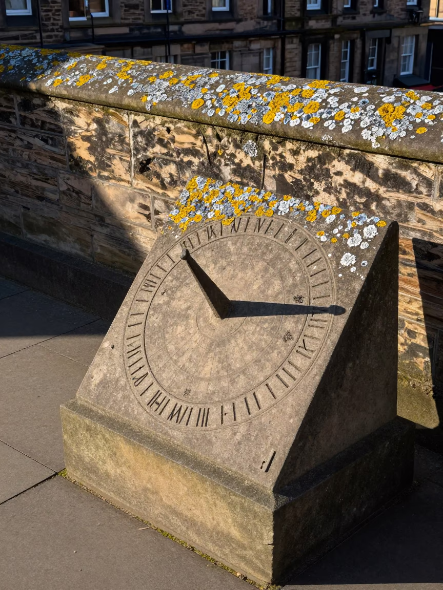 Sundial and Lichen-Covered Parapet in Early Afternoon Edinburgh Scotland in in Edinburgh, United Kingdom