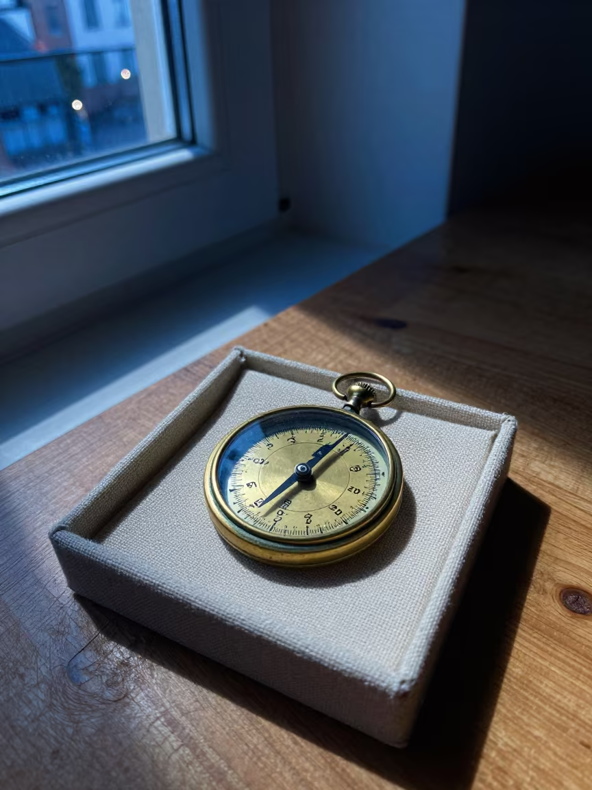 Sundial on Linen Box in Berat Twilight in on a wooden workbench in Berat
