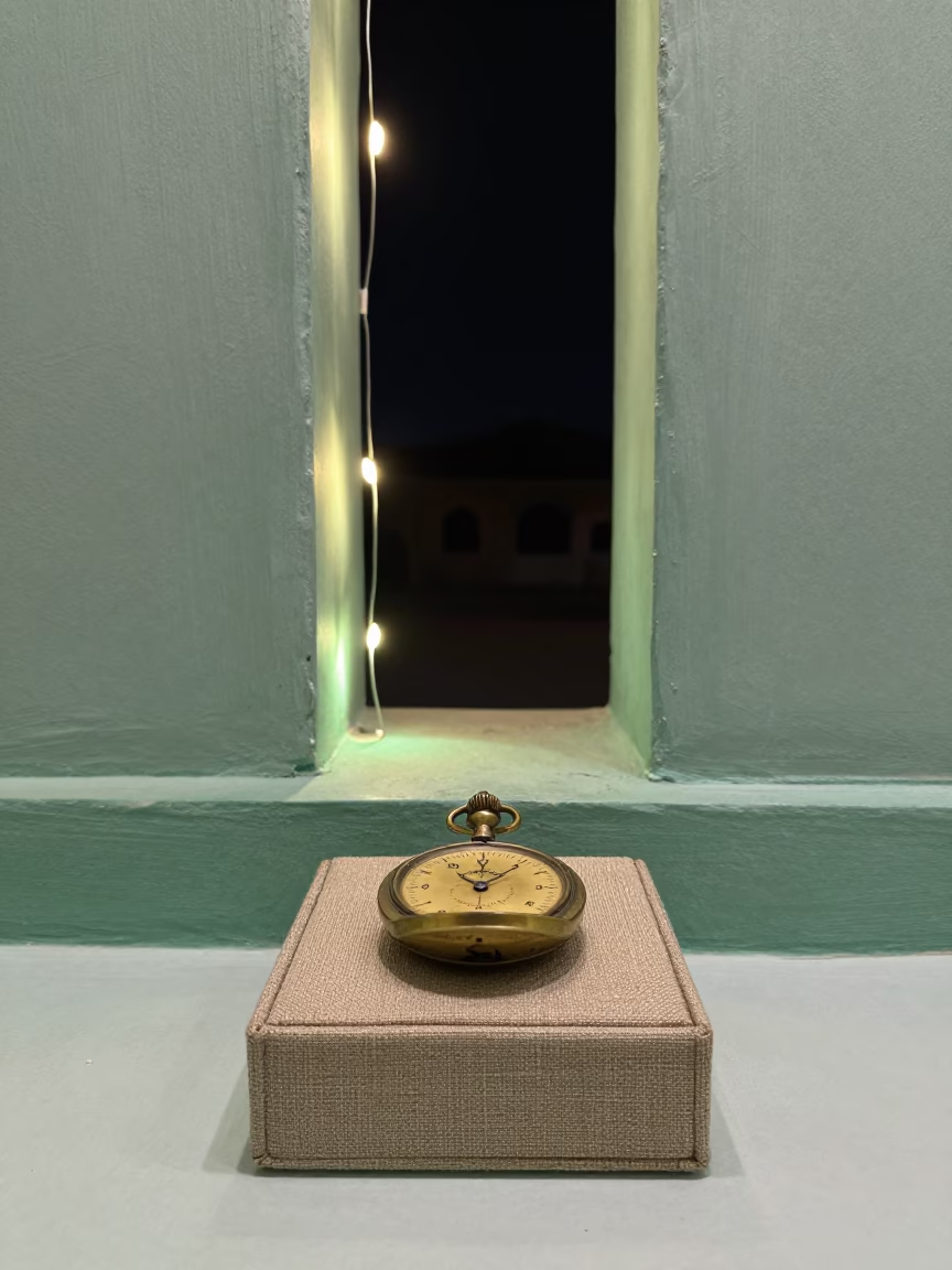 Sundial on Linen Box in Yazd Night Light in on a painted display ledge in Yazd