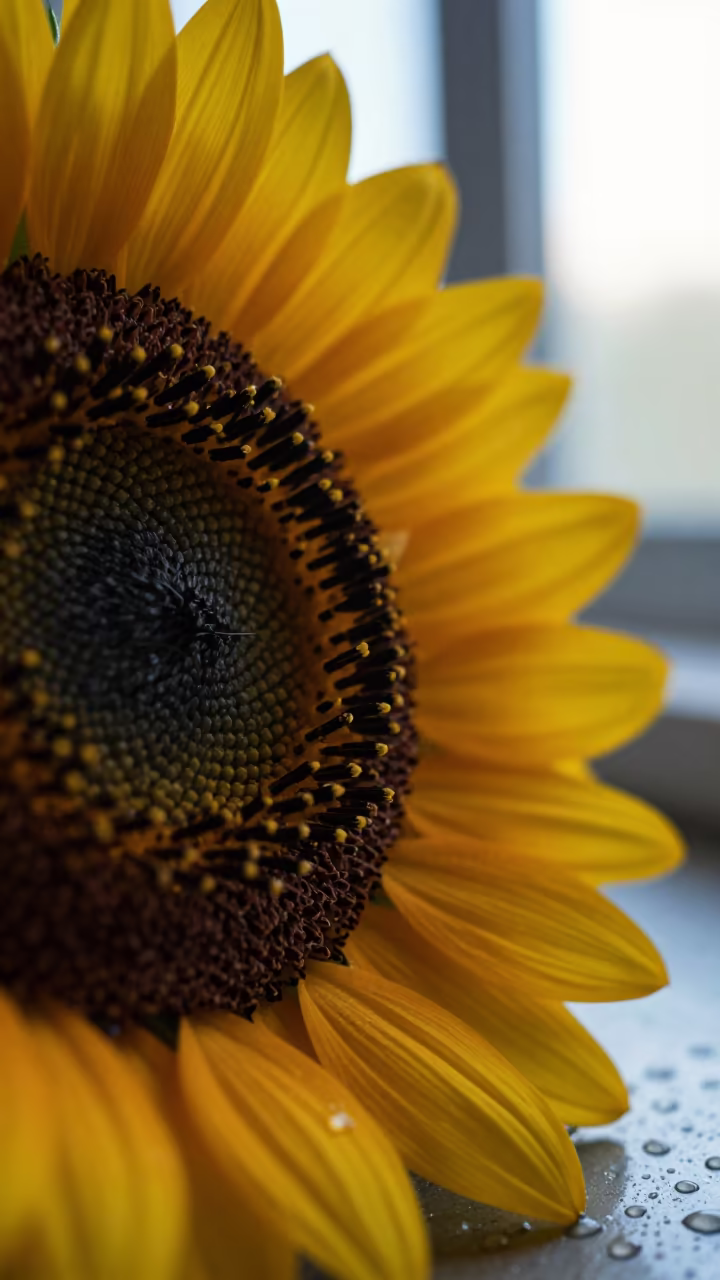 Sunflower Disk Pollen Macro Detail Chiba Window in across a rain-beaded metal surface near Chiba