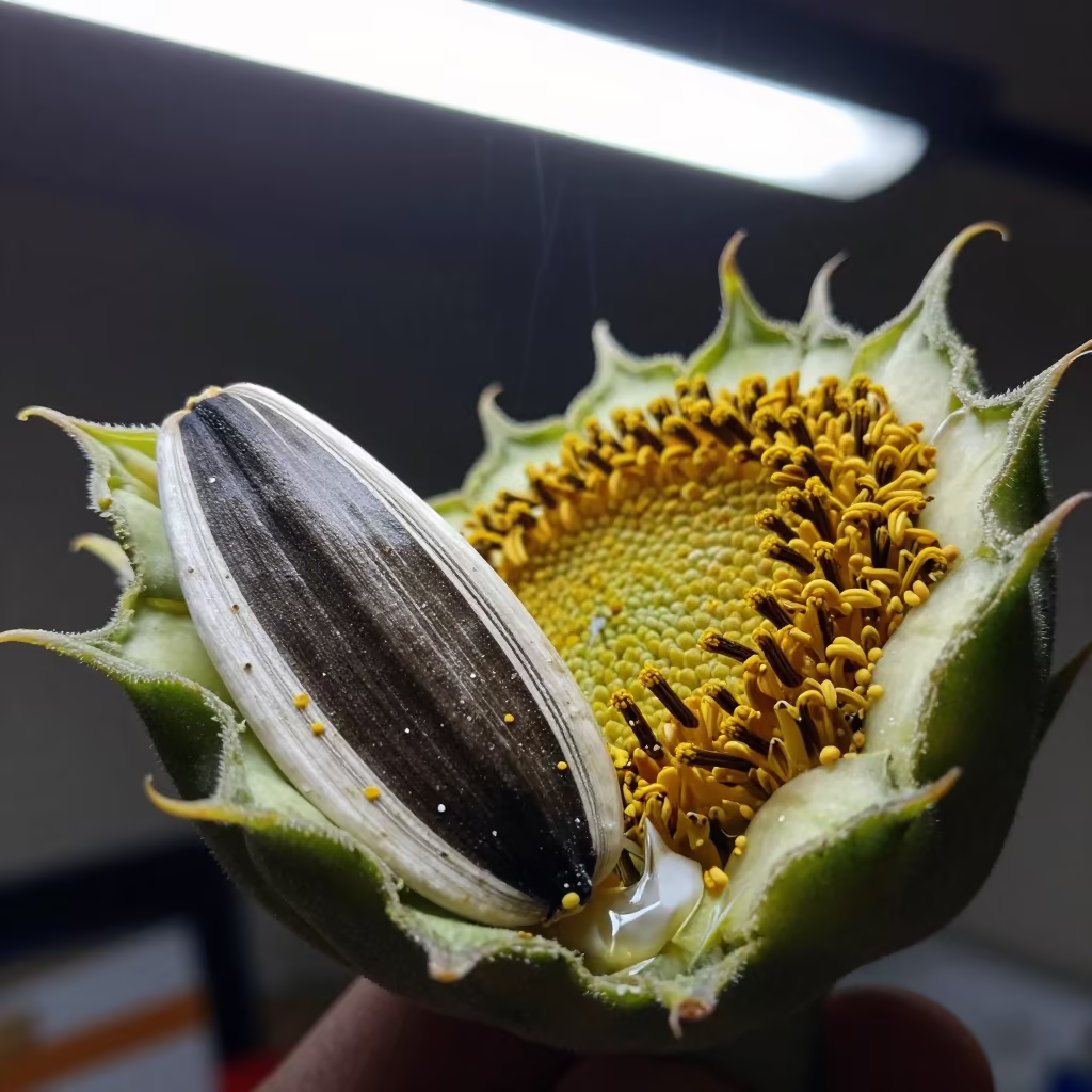 Sunflower Disk Pollen Macro in Kollam in inside a seed pod split open in Kollam