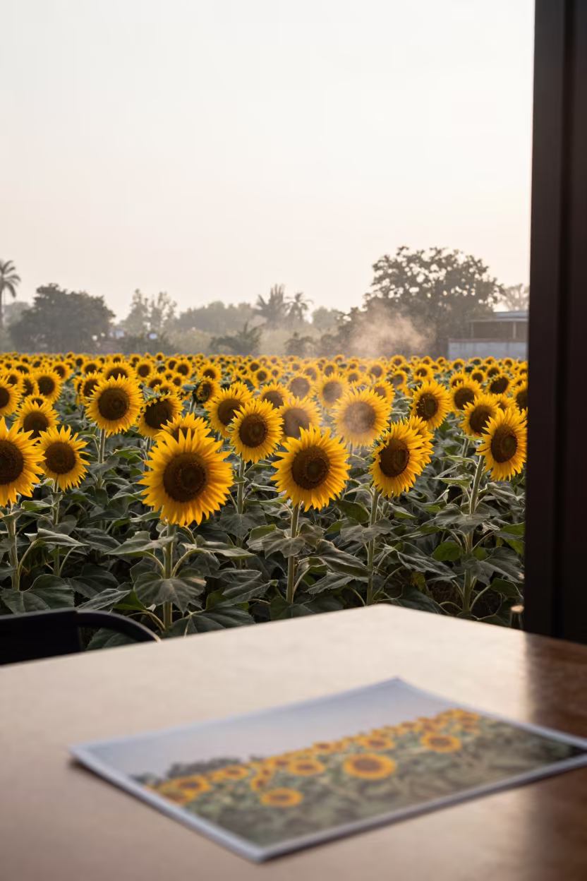 Sunflower Field Photo on Cafe Table Bhiwani in on a cafe table by a window near Bhiwani