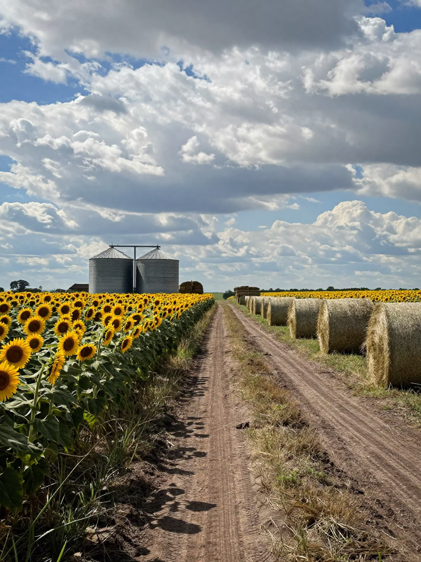 Sunflower Field and Silo After Rain in beside stacked hay bales in the Pampas