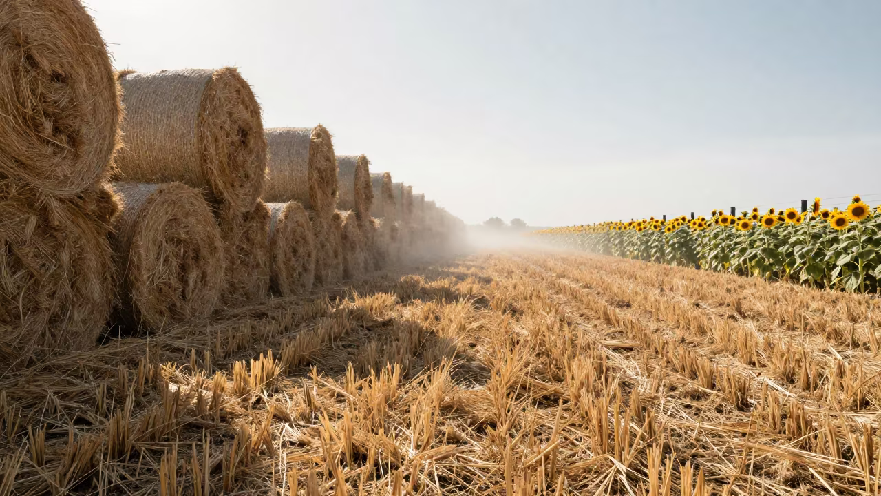 Sunflower Field Storm Light Hay Bales Santiago in beside stacked hay bales near Santiago