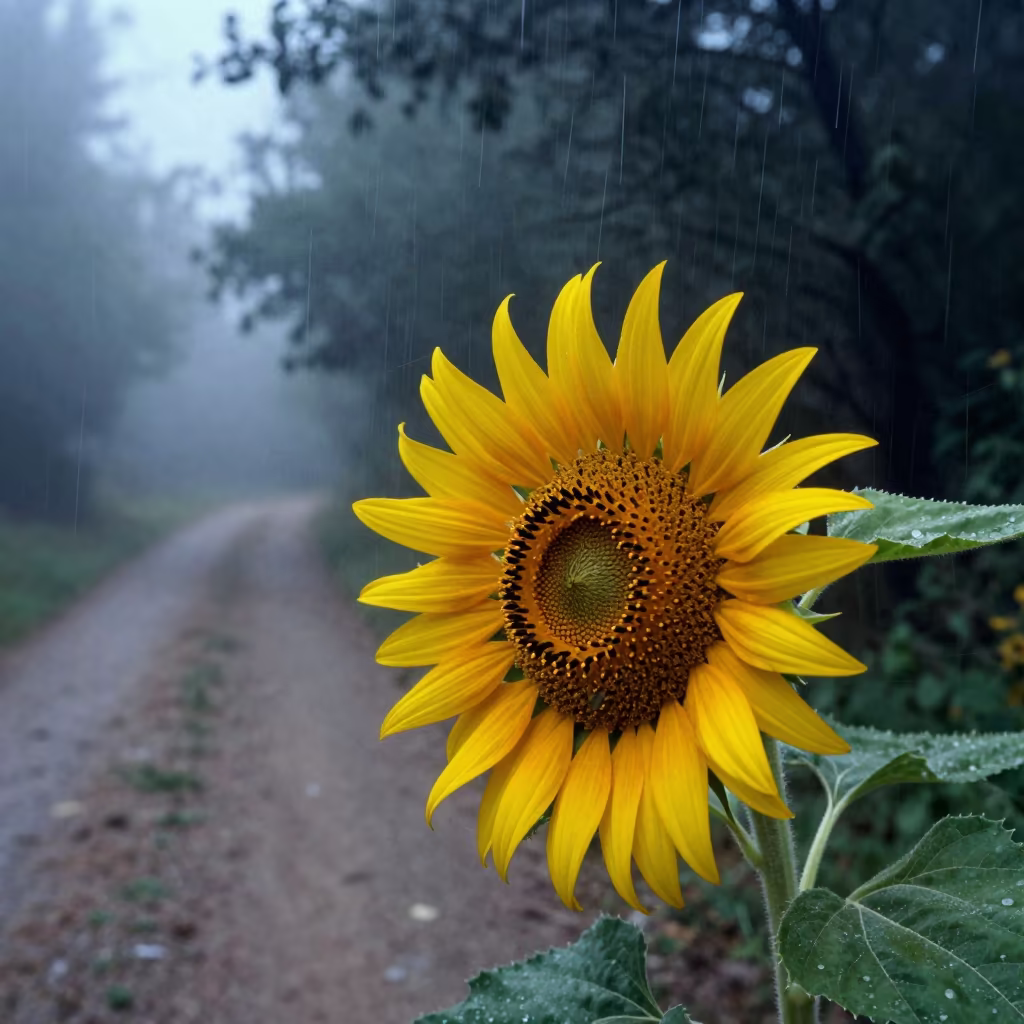Sunflower Head Near Madrid Path After Rain in near Madrid
