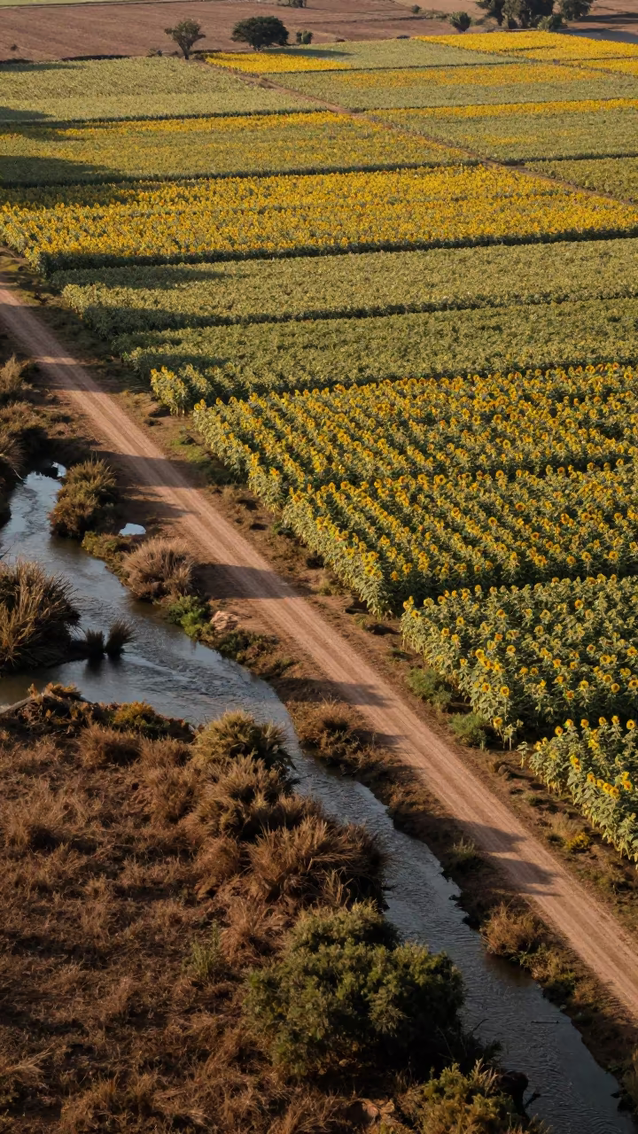Sunflower Patchwork Above Braided River Channels in high above braided river channels near Los Guayos