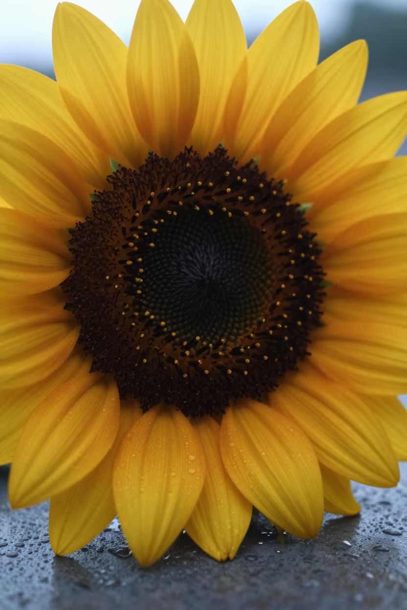 Sunflower Pollen Macro Rain Beads Nanchang in across a rain-beaded metal surface in Nanchang
