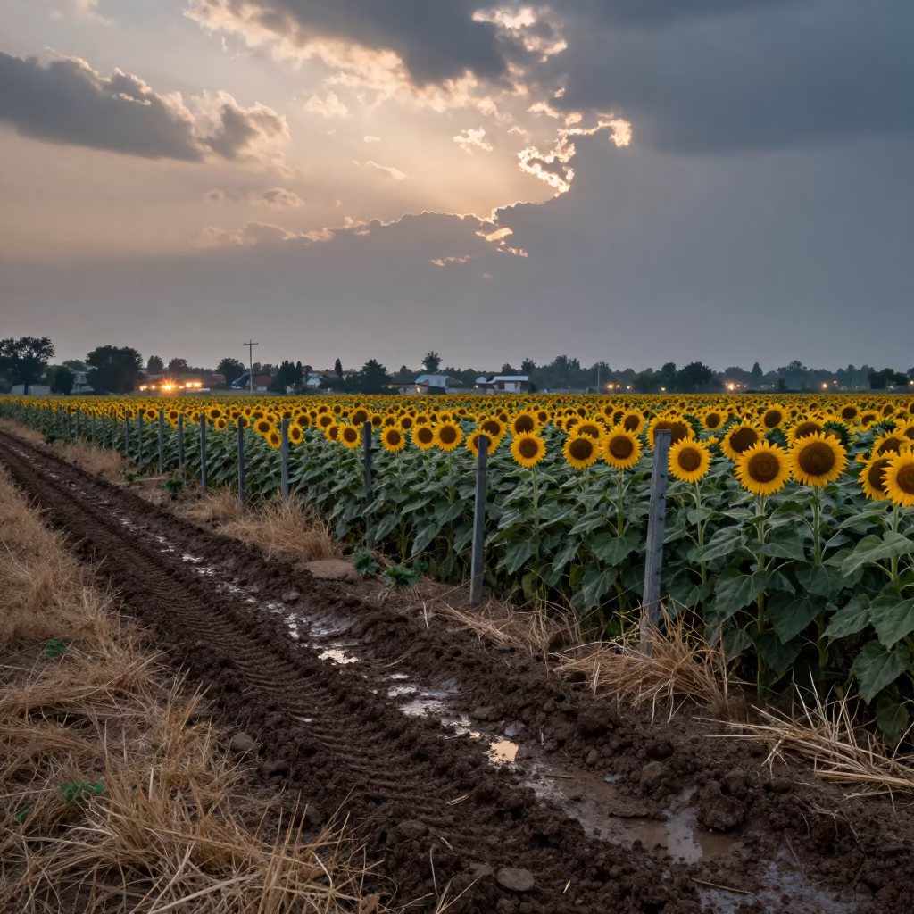 Sunflower Silhouettes Against Evening Glow in Himachal Pradesh in beside a tractor track through dark soil in Himachal Pradesh