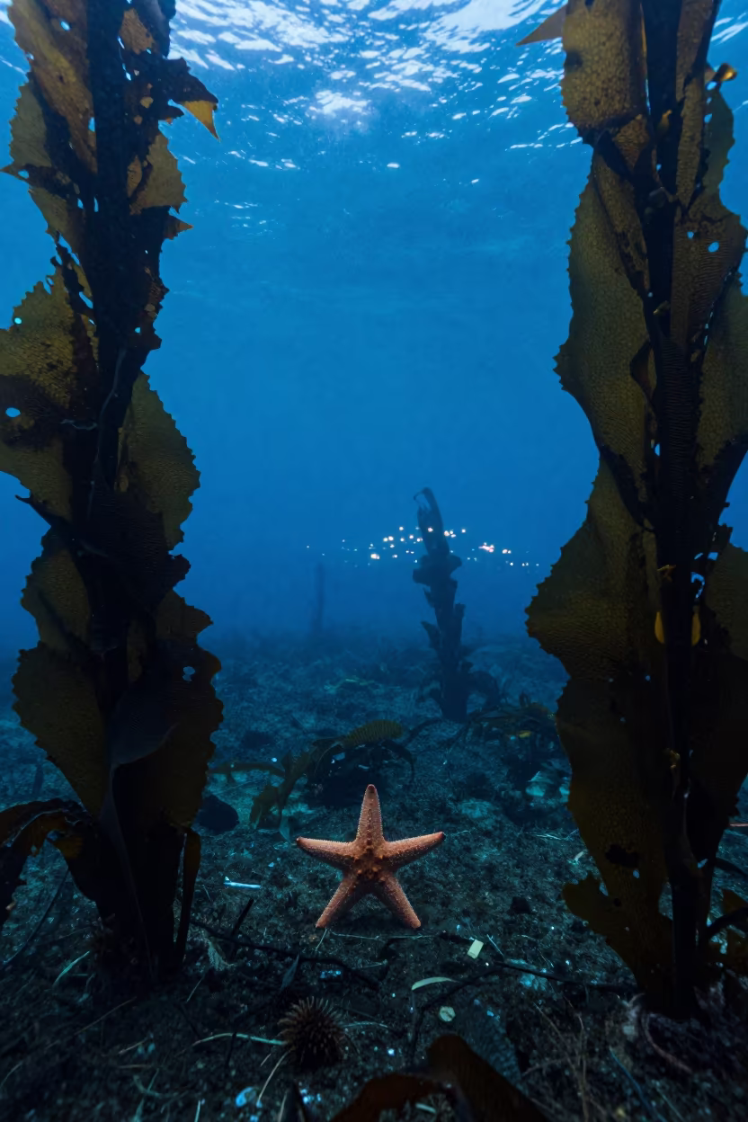 Sunflower Starfish Silhouette in Hokkaido Kelp Forest in through a forest of kelp fronds in Hokkaido