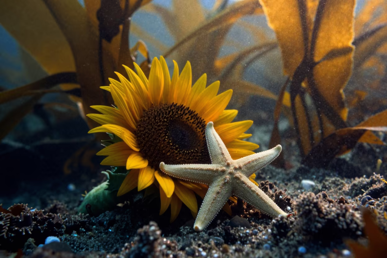 Sunflower Starfish Hunting in Kelp Forest in through a forest of kelp fronds near Cartagena