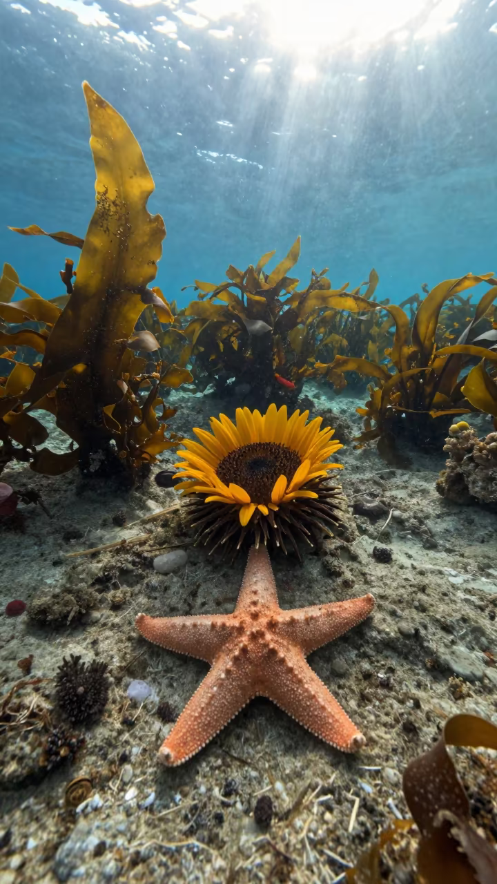 Sunflower Starfish Hunting Kelp Shelf Croatia in along a kelp-fringed shelf in Croatia