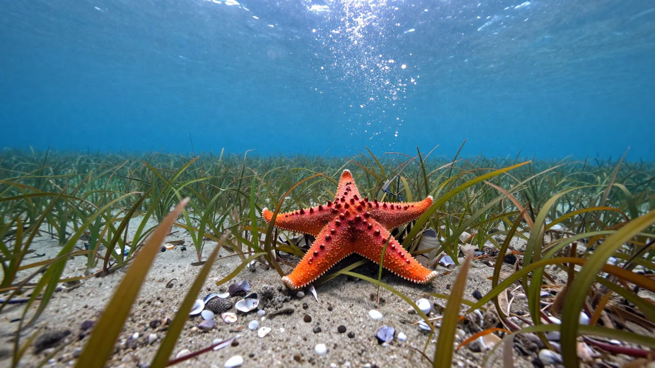 Sunflower Starfish Hunting Over Seagrass Meadow in above a seagrass meadow in New Zealand