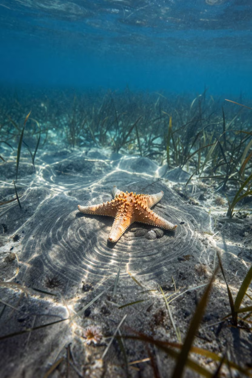 Sunflower Starfish Hunt in Jamaican Seagrass in above a seagrass meadow in Jamaica
