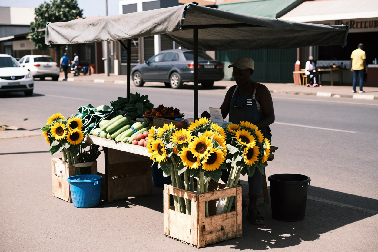 Sunflower Vendor Stall Under Flat Noon Light in Durban Street Scene in in Durban, South Africa