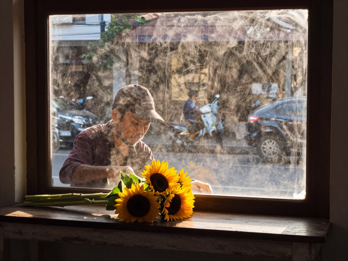 Sunflowers and Dusty Window in Denpasar Late Afternoon Street Scene in in Denpasar, Indonesia