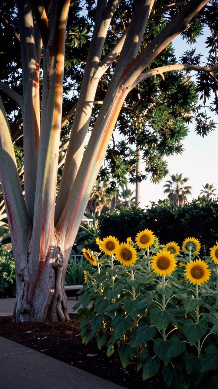 Sunflowers and Rainbow Eucalyptus in San Diego Balboa Park Garden Afternoon Light in in San Diego, California, United States
