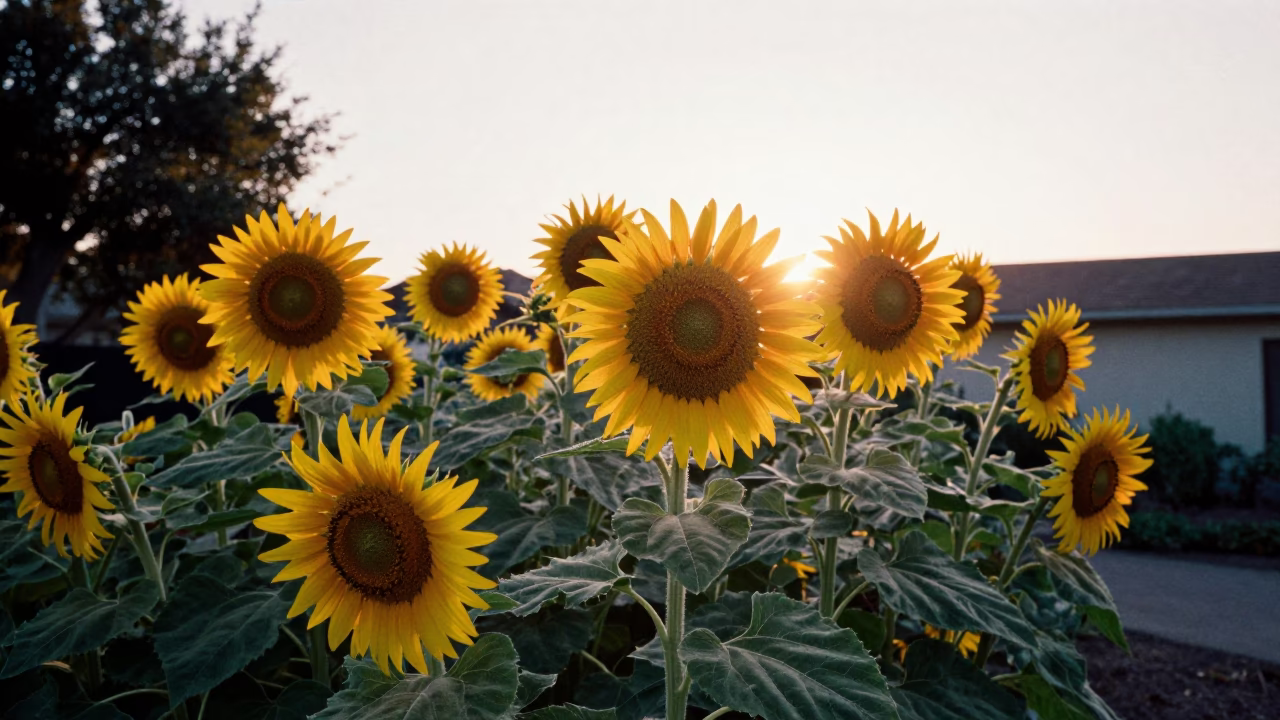 Sunflowers Blooming in San Diego Backyard Garden at Dawn in in San Diego, California, United States