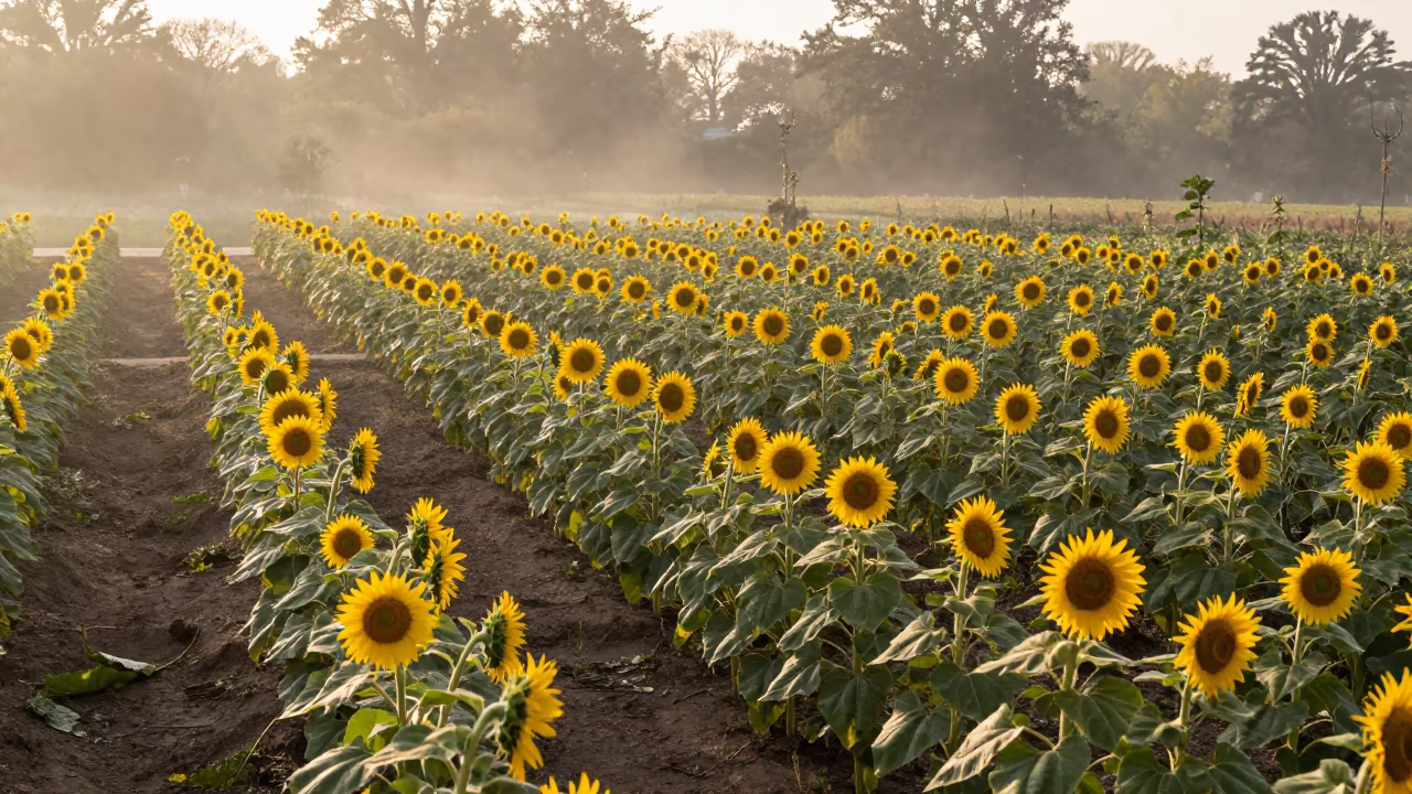 Sunflowers Facing Dawn in Terraced Treme Garden in among terraced garden plots near Treme, New Orleans