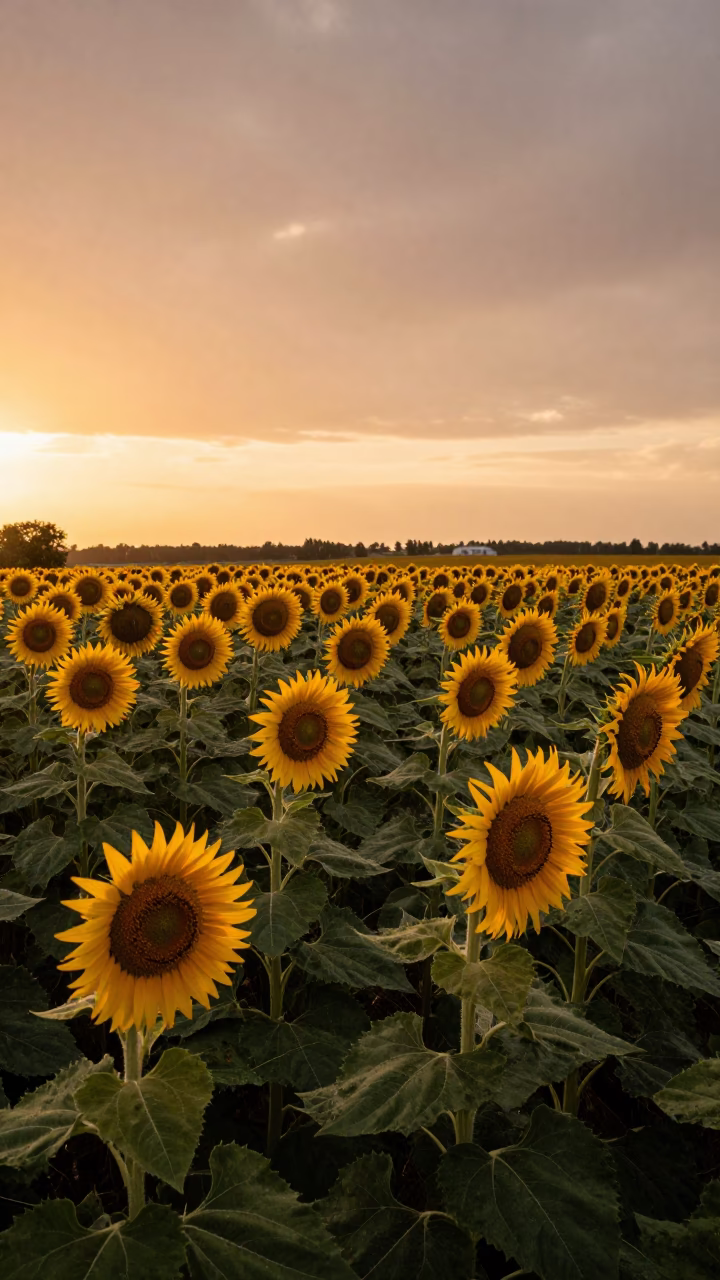 Sunflowers Facing West in Loire Valley Sunset in in the Loire Valley