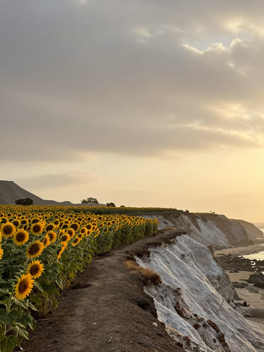Sunflowers on Lima Cliff Edge at Sunset in along a salt-sprayed cliff edge near Lima