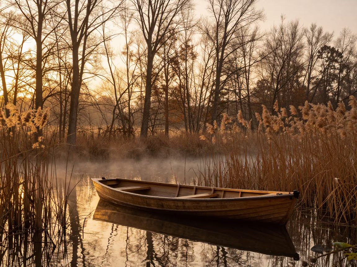 Sunk Rowboat in Misty Autumn Pond in near Ruda Śląska