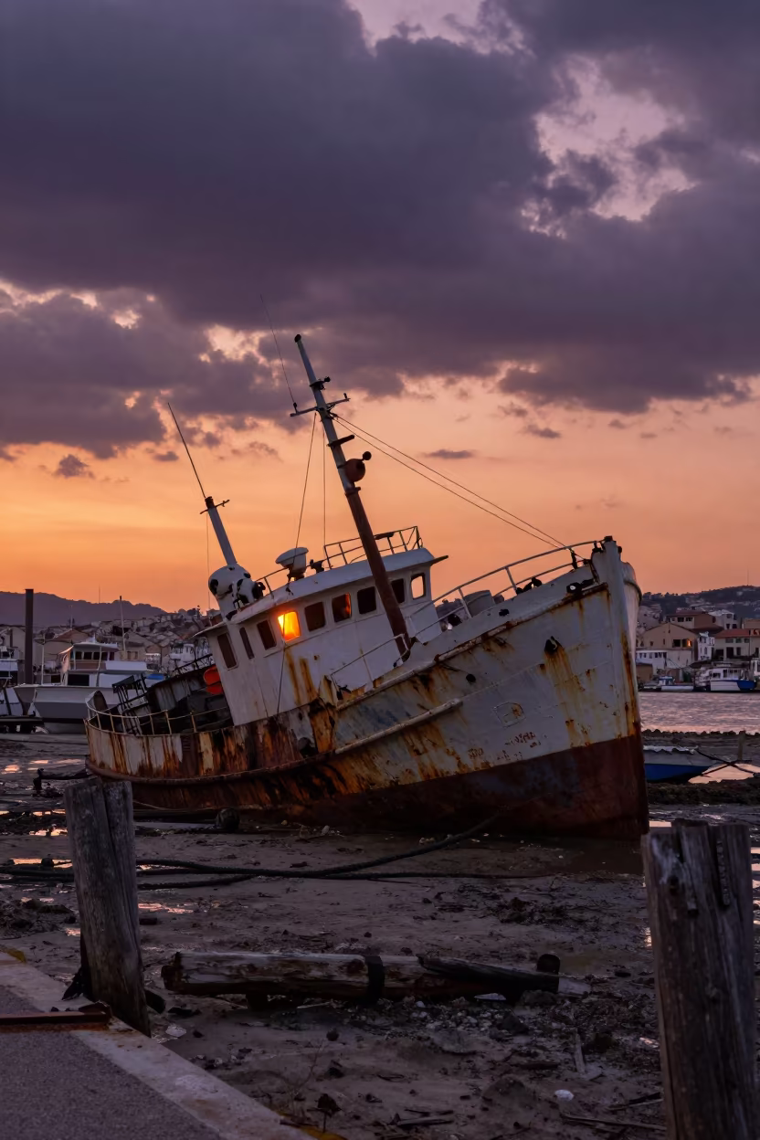 Sunk Trawler in Silted Harbor at Sunset in across a remote ferry crossing near Marseille
