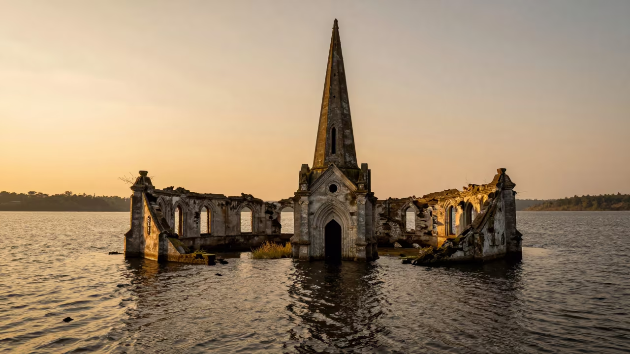 Sunken Church Steeple in Reservoir Ruins in through an abandoned ceremonial court near Livingstone