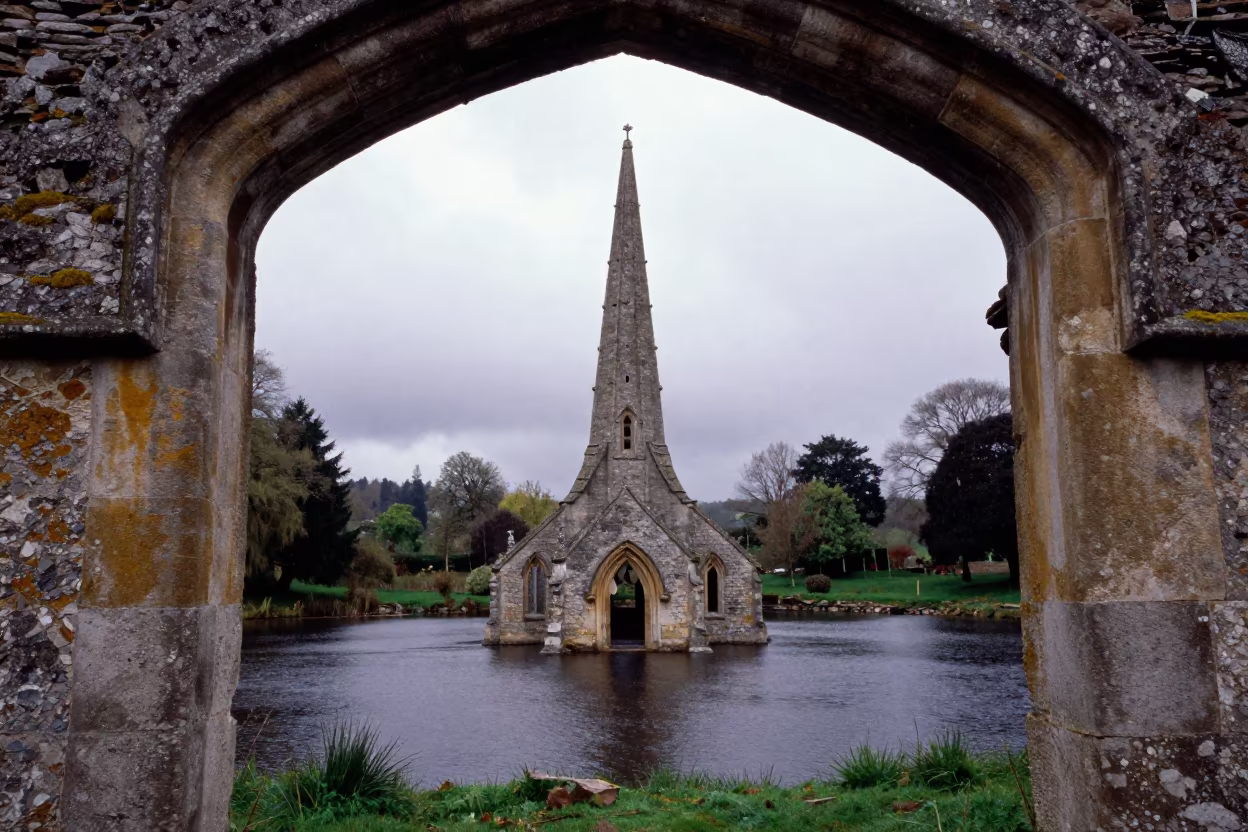 Sunken Church Steeple Under Stone Arch Cotswolds in beneath a broken stone arch in the Cotswolds