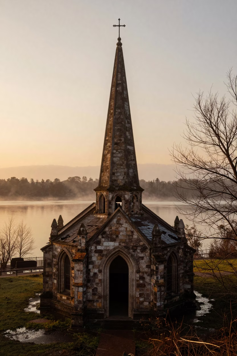 Sunken Church Steeple in Winter Mist in inside a roofless nave in Argentina