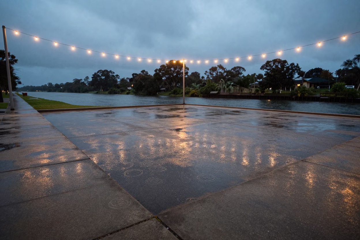Sunken Court Beside Canal Under Evening String Lights in in Queensland
