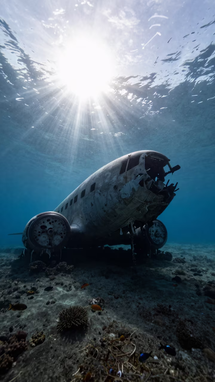 Sunken Fuselage Silhouette Under Dawn Light in beside a reef crevice under clear water near Stone Town
