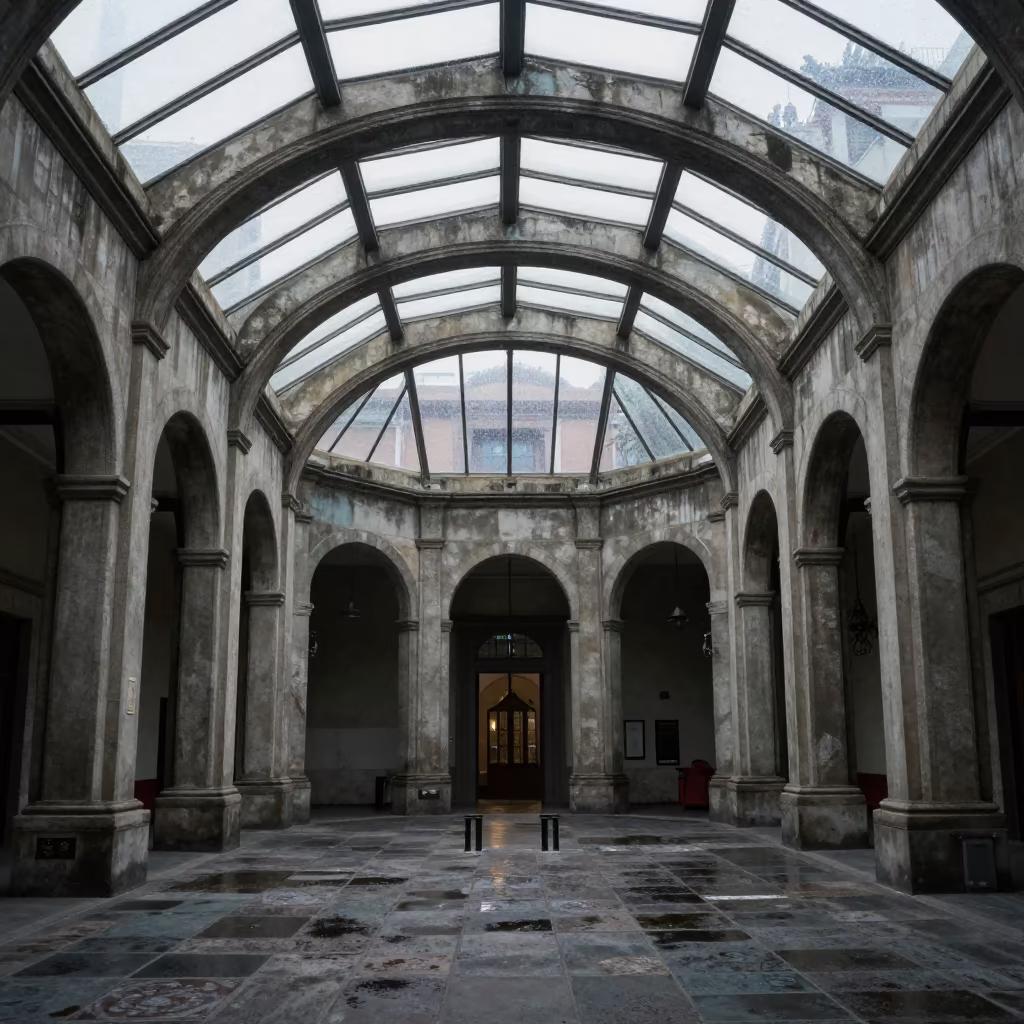 Sunken Lobby Glass Ceiling Condesa Morning in inside a ribbed concrete lobby in Condesa, Mexico City