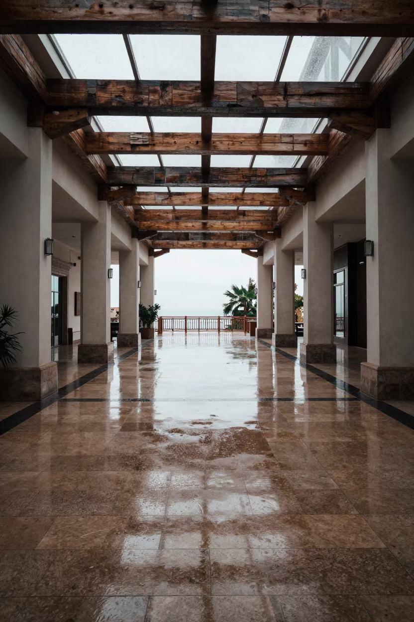 Sunken Lobby Timber Trusses Monsoon Morning in inside a skylit passageway in Makhachkala