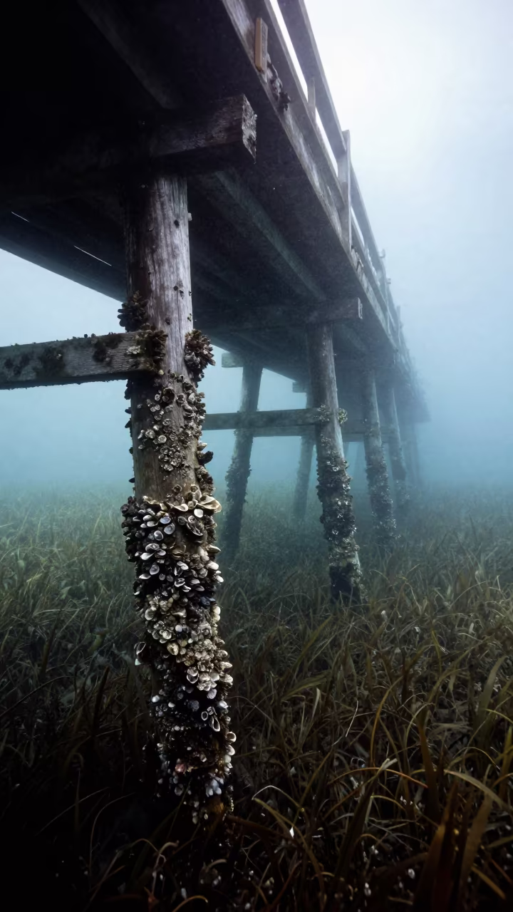 Sunken Pier Barnacles Oysters Miragaia Dawn in above a seagrass meadow near Miragaia, Porto