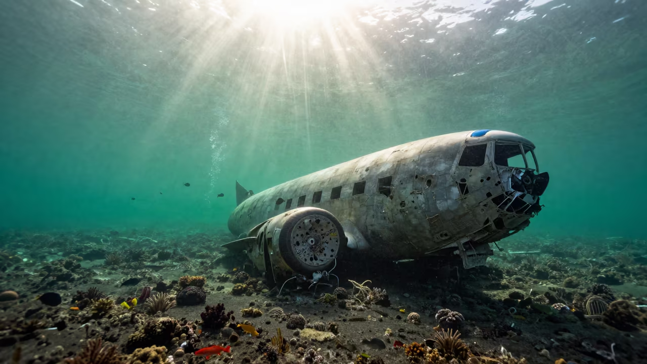 Sunken Plane Fuselage Reef Belize in beside a volcanic reef overhang near Belize City