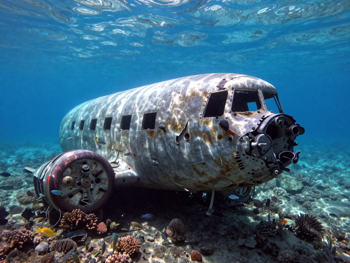 Sunken Plane Fuselage with Reef Fish in Blue Water in along a coral wall with blue water beyond near Cairns