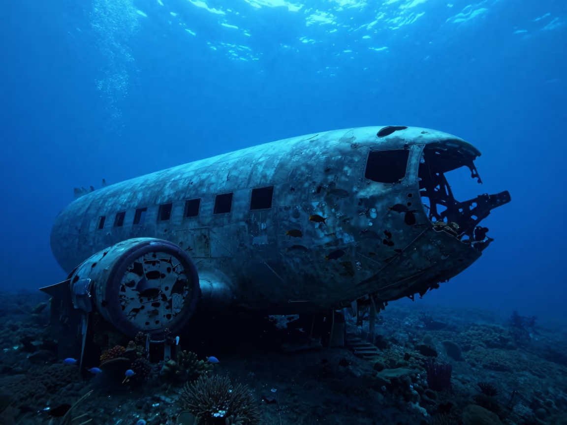 Sunken Plane Fuselage Silhouette Reef Fish Cairns in along a coral wall with blue water beyond near Cairns