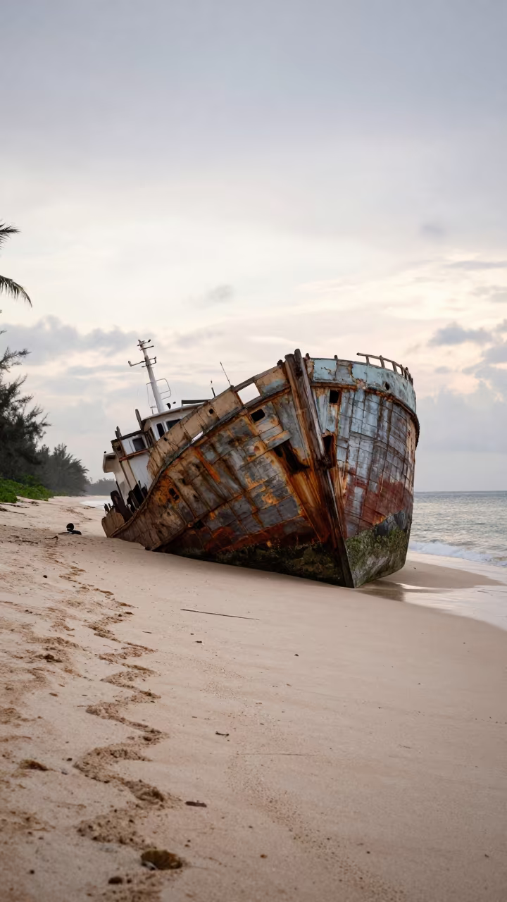 Sunken Ship Hull Exposed on Philippine Sandy Shore in along a game trail in Philippines