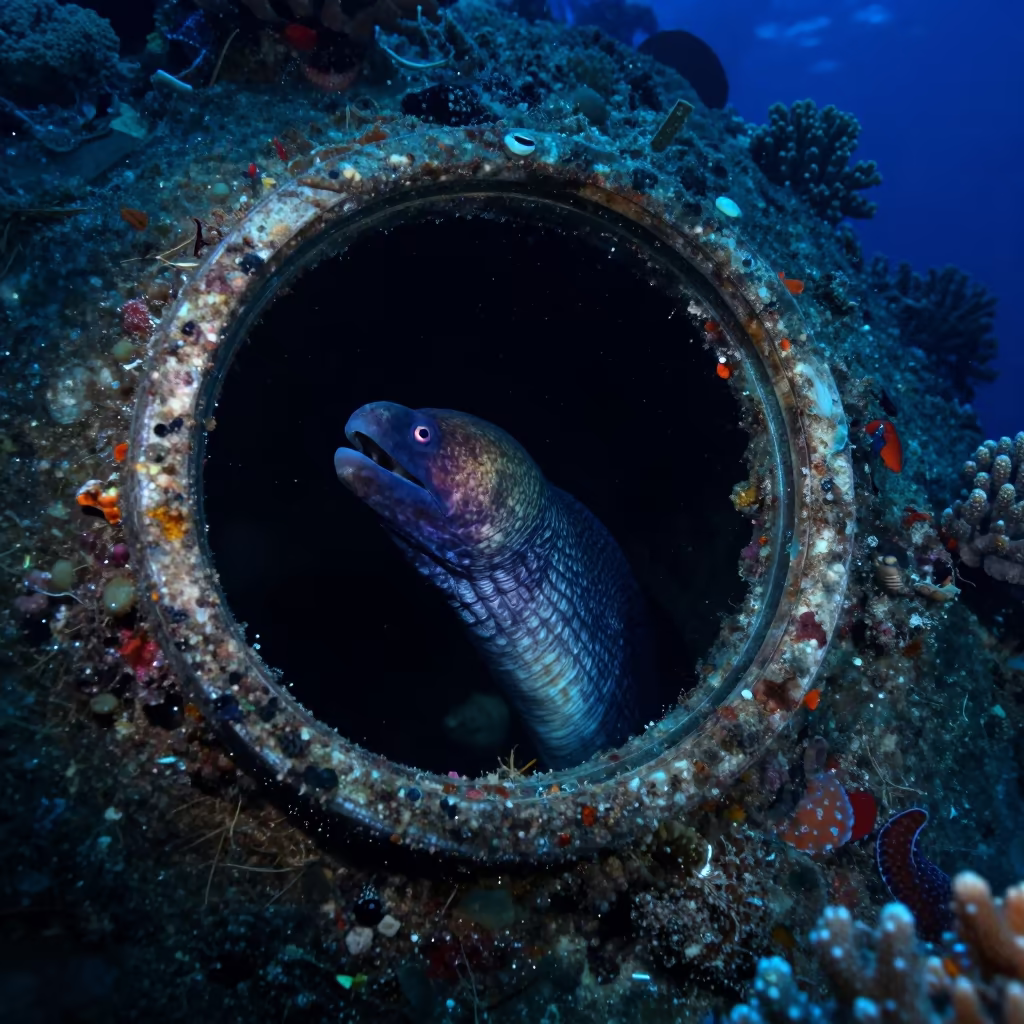 Sunken Ship Porthole Moray Eel Bali Midnight in along a coral wall with blue water beyond near Denpasar