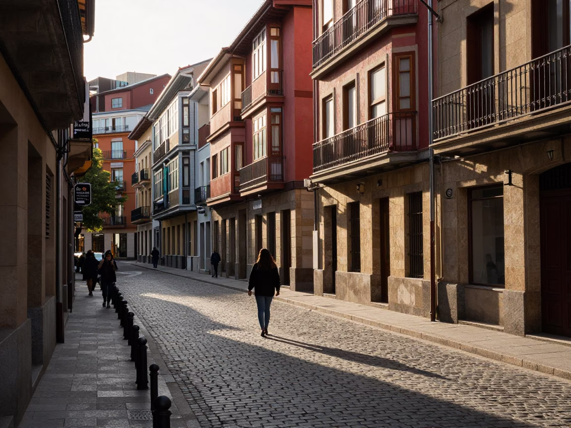 Sunlight and Shadows in Bilbao Late Afternoon Street Scene in in Bilbao, Spain