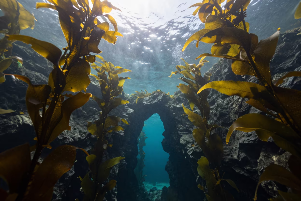 Sunlight Filtering Through Chilean Kelp Forest Cathedral in beside a tide-cut rock ledge under clear water in Chile