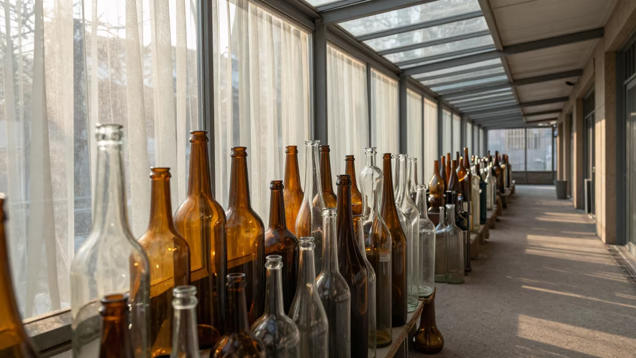 Sunlight Through Glass Bottles in Zabrze Arcade in inside a glass-roofed arcade in Zabrze