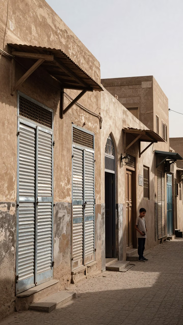 Sunlight Glinting off Metal Shutters in Luxor Street Scene in in Luxor, Egypt