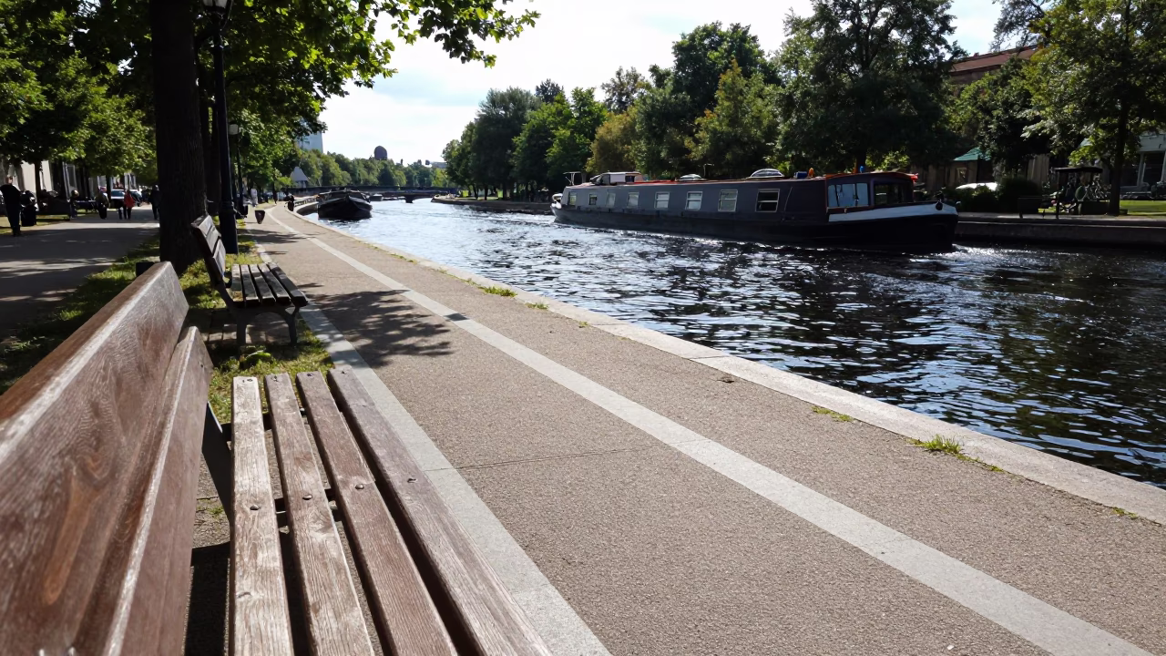 Sunlight on Berlin Bench and Canal Barge in Midmorning Light in in Berlin, Germany