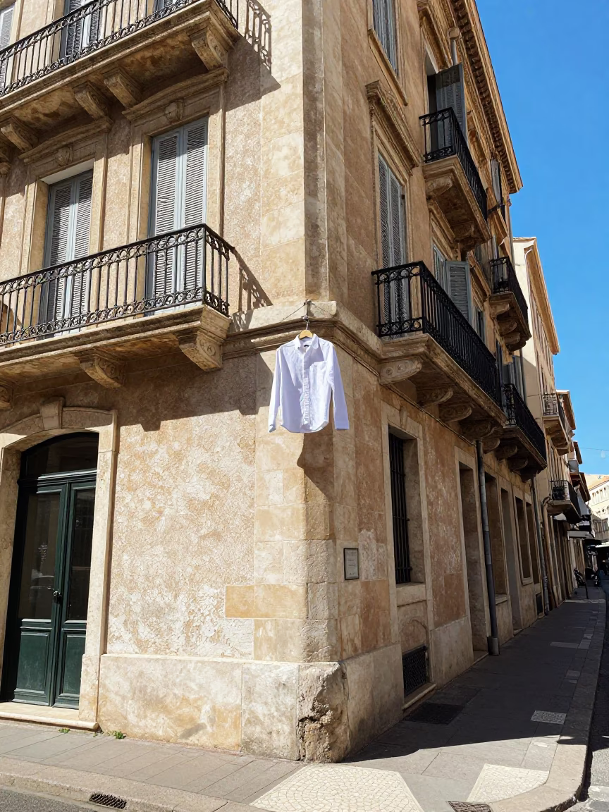 Sunlight on Marseille Street Corner with Shirt Hanger and Local Life in in Marseille, France