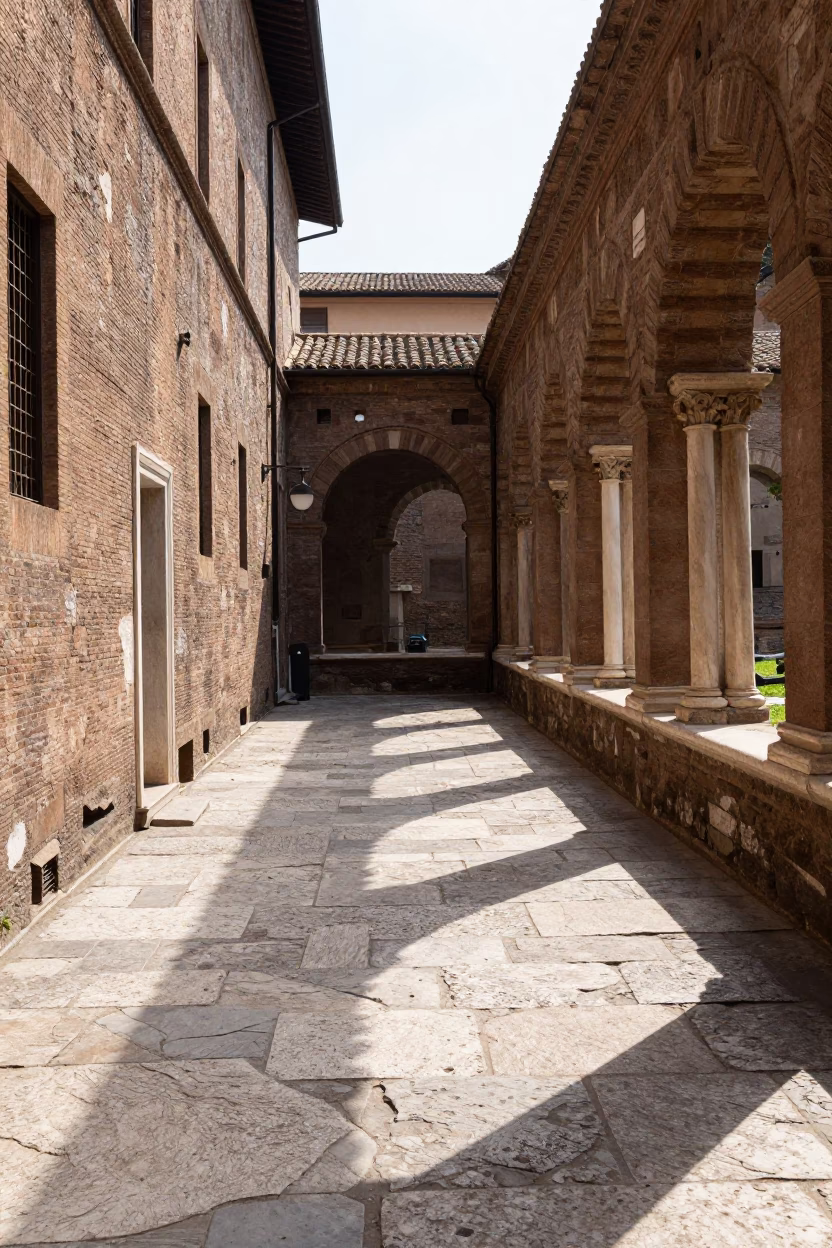 Sunlight on Roman Cloister Stone Walkway with Coffee Tin and Vintage Car in in Rome, Italy
