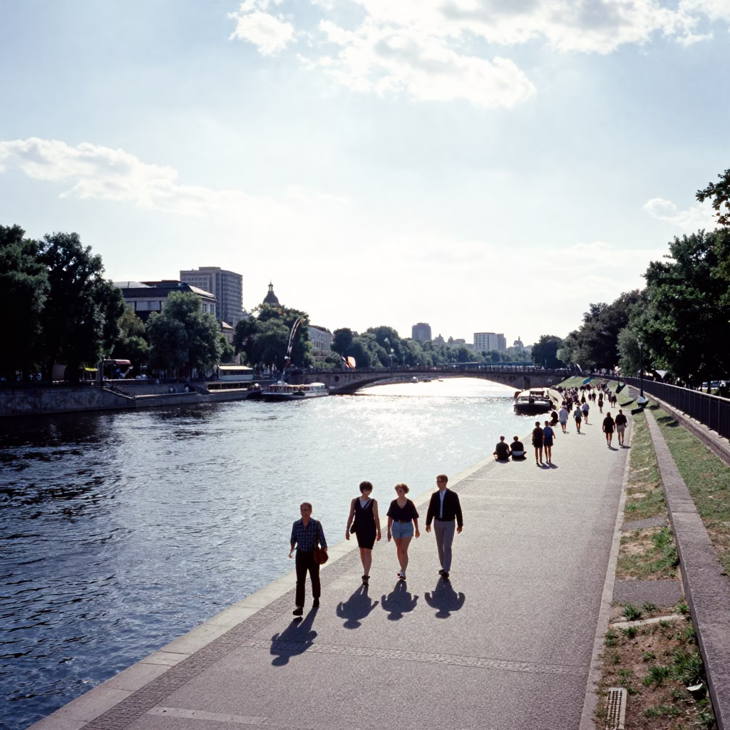 Sunlight on Spree River Embankment with Tourists and Historic Berlin Architecture in in Berlin, Germany