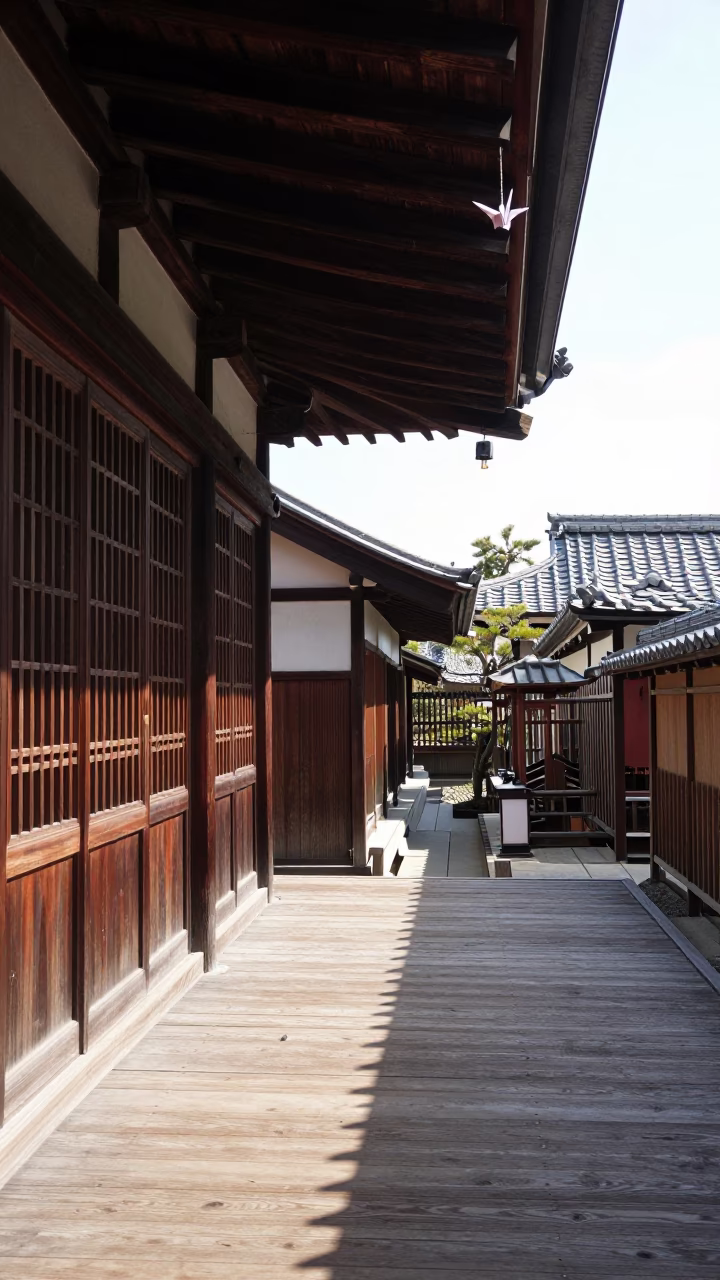 Sunlight on wooden temple eaves with origami crane in Kyoto Japan in in Kyoto, Japan