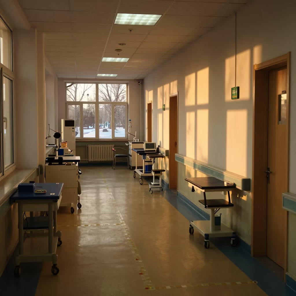 Sunlight in Pyongyang Hospital Corridor Before Rounds in inside a hospital corridor in Pyongyang